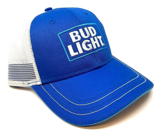 Bud Light Beer Patch Logo Blue & White Mesh Trucker Curved Bill Adjustable Snapback Hat