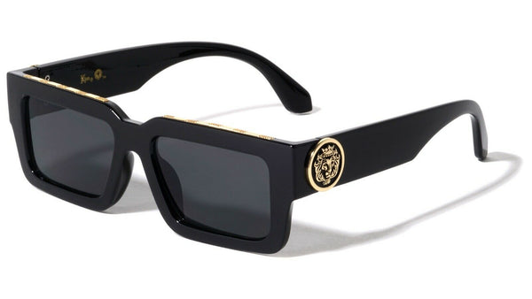Kleo Slim Sleek Lion Head Medallion Thick Bold Frame Square Sunglasses