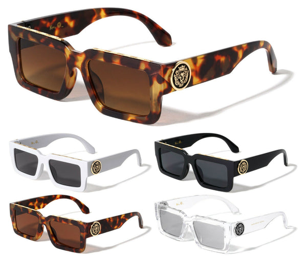 Kleo Slim Sleek Lion Head Medallion Thick Bold Frame Square Sunglasses