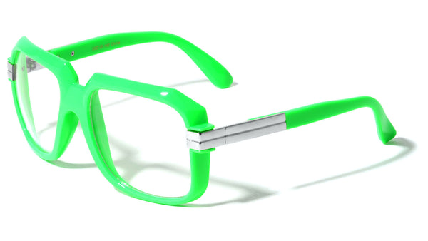 Gazelle Emcee Square Oversized Hip Hop Luxury Aviator Sunglasses w/ Clear Lenses (Neon)