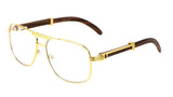 Luxe Executive Metal & Faux Wood Aviator Clear Lens Sunglasses / Eyeglasses Frames