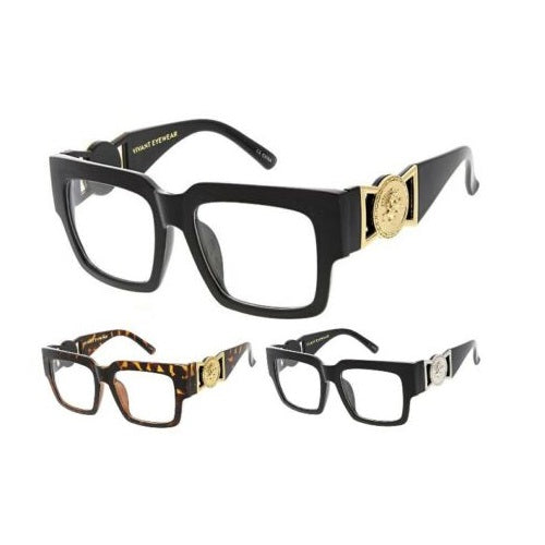 Square Flat Top Gold Coin Medallion Greek Key Sunglasses w/ Clear Lenses