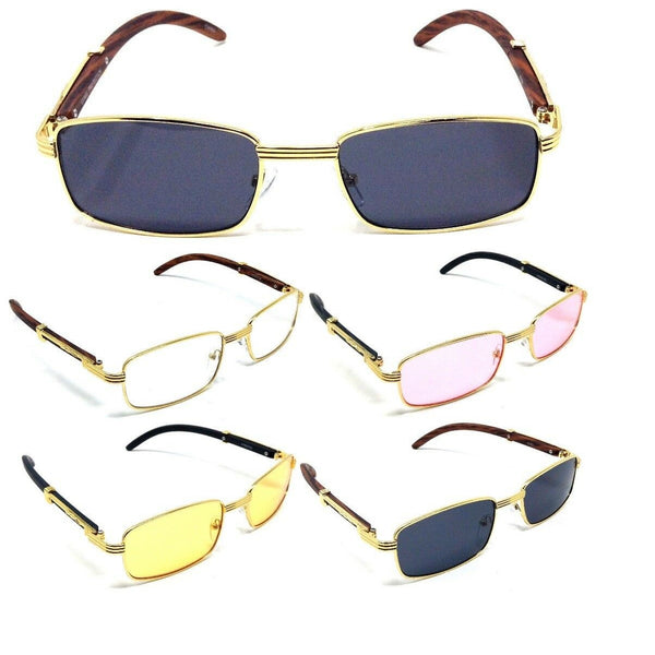 Apprentice Slim Rectangular Metal & Faux Wood Luxury Sunglasses