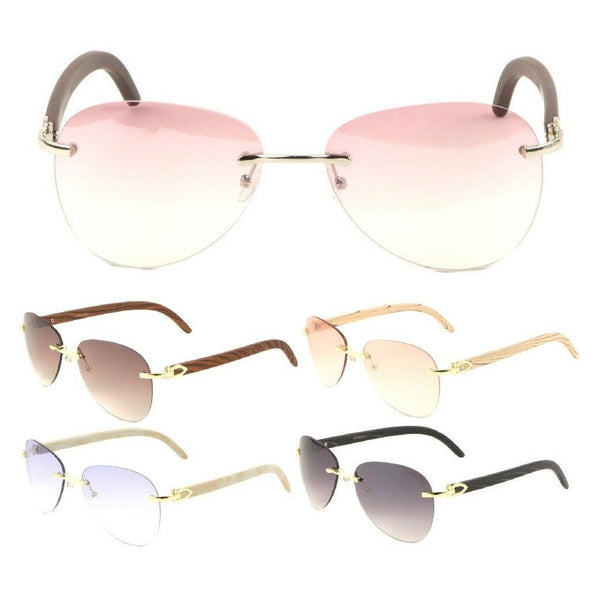Marshal Rimless Metal & Faux Wood Luxury Aviator Sunglasses