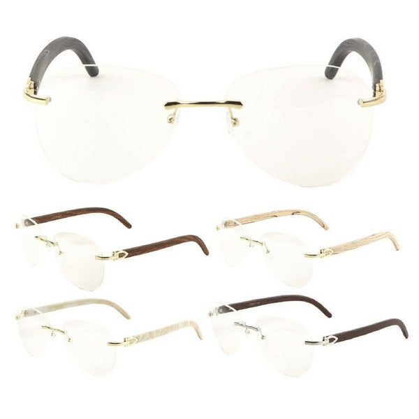 Marshal Rimless Metal & Faux Wood Luxury Aviator Sunglasses w/ Clear Lenses