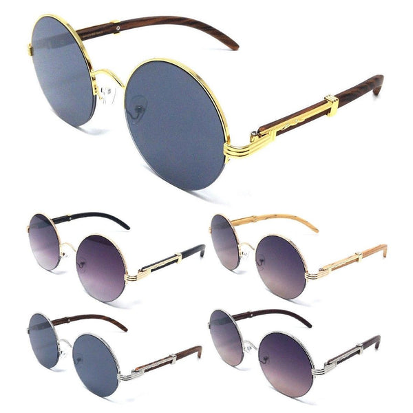 Professor Half Rim Round Lens Metal & Faux Wood Sunglasses