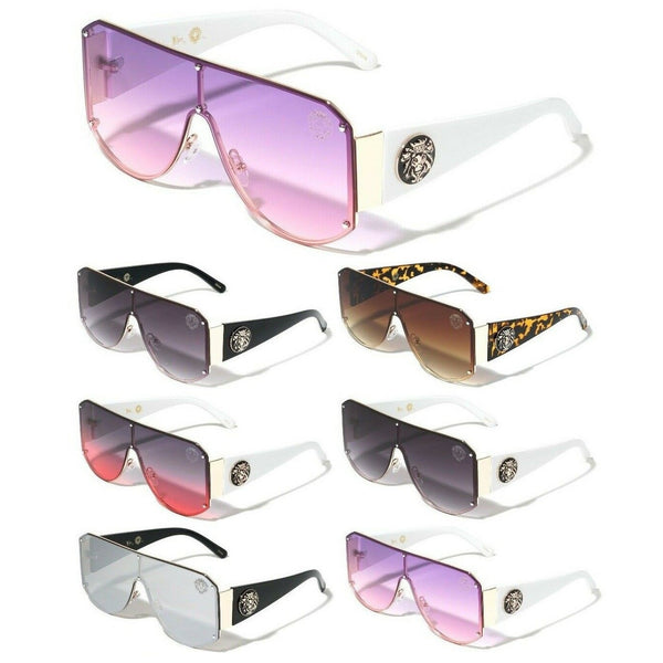 Kleo Oversized Lionhead Medallion One Piece Lens Shield Luxury Sunglasses