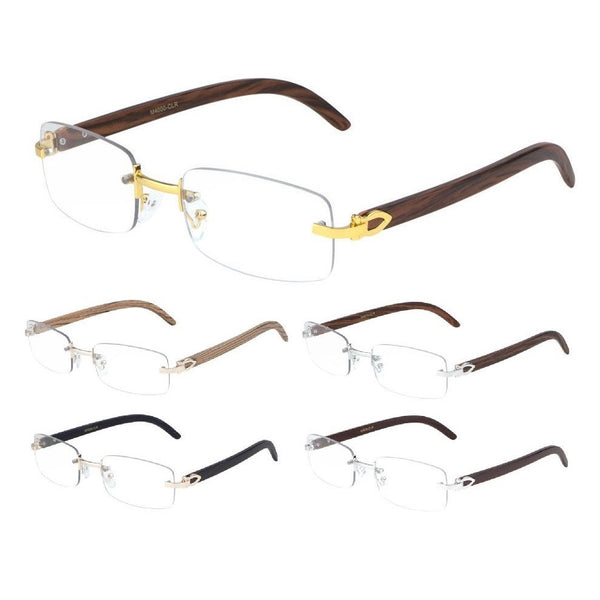 Dapper Rimless Rectangular Metal & Faux Wood Eyeglasses / Clear Lens Sunglasses - Frames