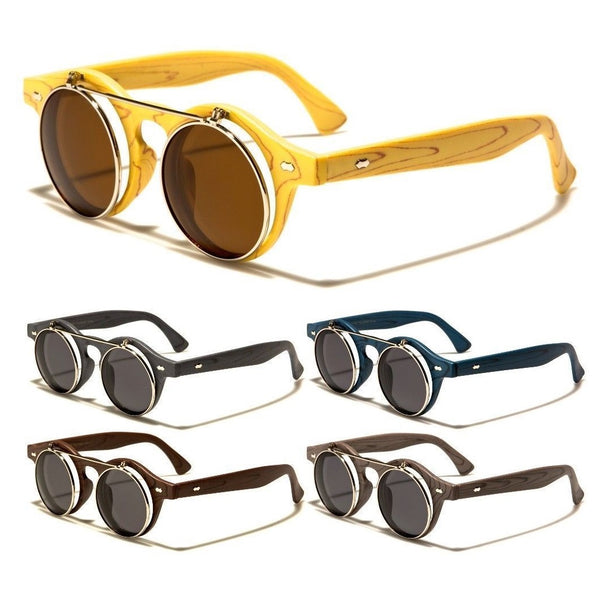 Flip Up Round Metal & Faux Wood Frame Steampunk Sunglasses