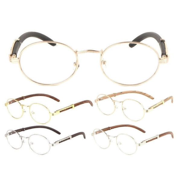 Scholar Luxury Round Oval Metal & Faux Wood Eyeglasses / Clear Lens Sunglasses
