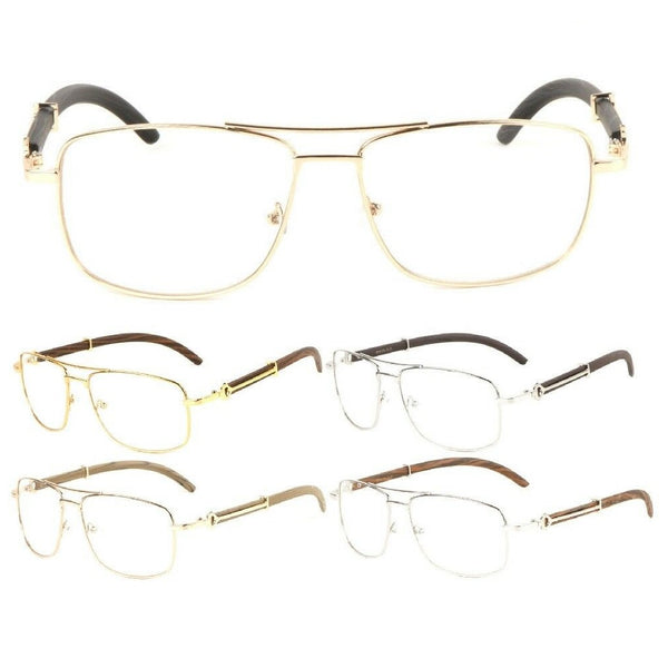 Associate Metal & Faux Wood Aviator Eyeglasses / Clear Lens Luxury Sunglasses