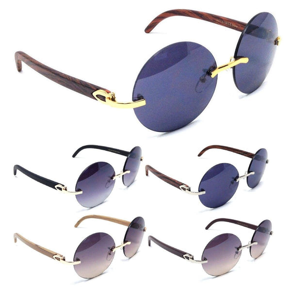 Diplomat Rimless Round Metal & Faux Wood Frame Retro Luxury Sunglasses