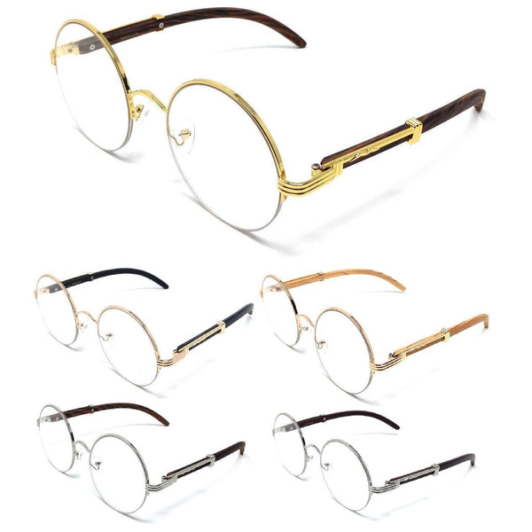Luxe Professor Half Rim Round Metal & Faux Wood Eyeglasses / Clear Lens Sunglasses