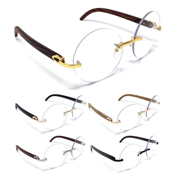 Luxe Diplomat Rimless Round Metal & Faux Wood Eyeglasses / Clear Lens Sunglasses