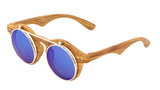 Round Flip Up Metal & Faux Wood Frame Steampunk Sunglasses