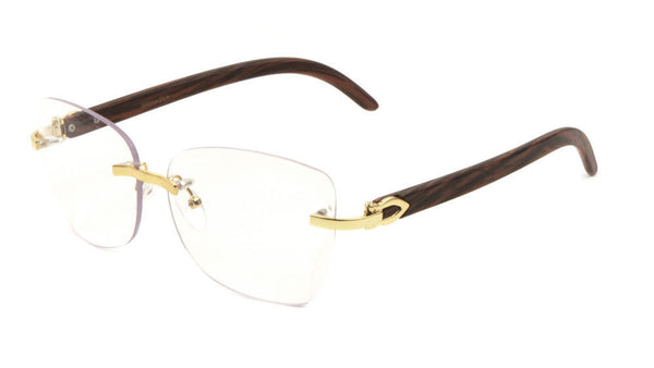 Debutante Womens Rimless Metal & Faux Wood Eyeglasses / Clear Lens Sunglasses