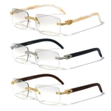 Dapper Slim Rimless Rhinestone Metal & Faux Wood Luxury Sunglasses
