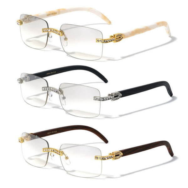 Dapper Slim Rimless Rhinestone Metal & Faux Wood Luxury Sunglasses
