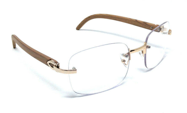 Dasher Rimless Square Metal & Faux Wood Eyeglasses / Clear Lens Luxury Sunglasses Frames