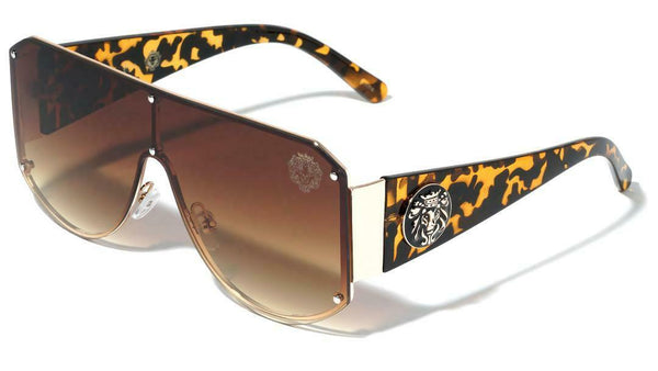 Kleo Oversized Lionhead Medallion One Piece Lens Shield Luxury Sunglasses