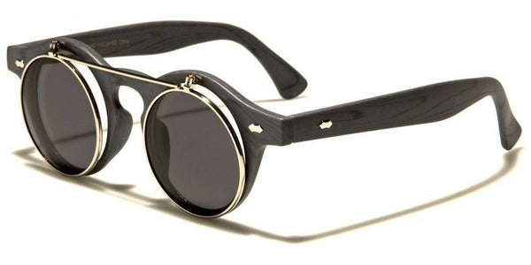 Flip Up Round Metal & Faux Wood Frame Steampunk Sunglasses