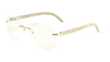Marshal Rimless Metal & Faux Wood Luxury Aviator Sunglasses w/ Clear Lenses