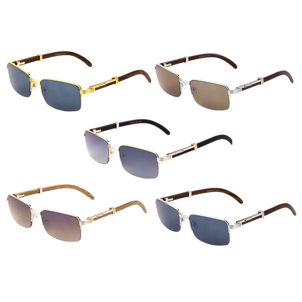 Executive Slim Half Rim Rectangular Metal & Faux Wood Aviator Sunglasses