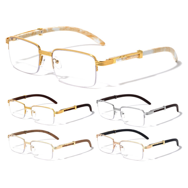 Luxe Executive Metal & Faux Wood Slim Half Rim Rectangular Clear Lens Sunglasses / Eyeglasses Frames