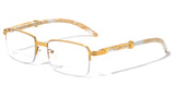 Luxe Executive Metal & Faux Wood Slim Half Rim Rectangular Clear Lens Sunglasses / Eyeglasses Frames