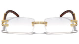 Executive Slim Rimless Rhinestone Metal & Faux Wood Luxury Sunglasses