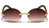 Slim Oval Round Rimless Rhinestone Metal & Faux Wood Luxury Sunglasses