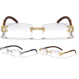 Executive Slim Rimless Rhinestone Metal & Faux Wood Luxury Sunglasses