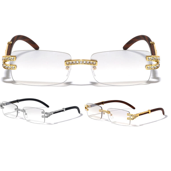 Executive Slim Rimless Rhinestone Metal & Faux Wood Luxury Sunglasses