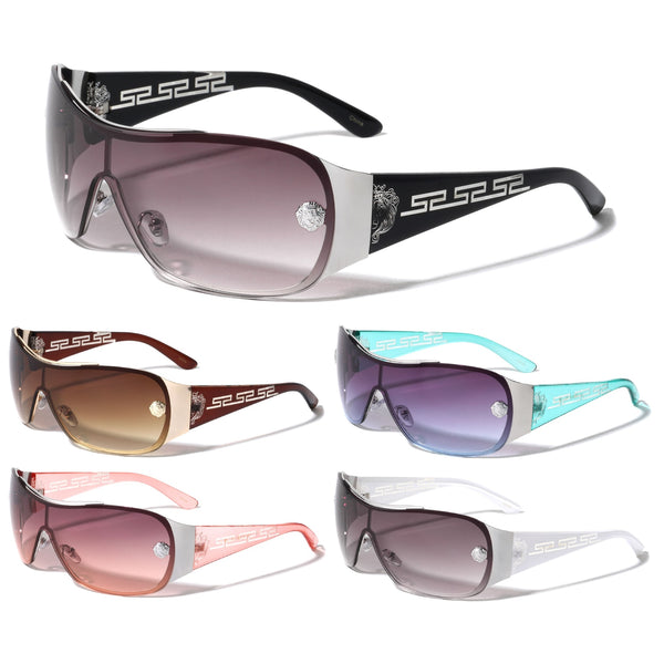 Kleo Greek Key Oversized Wrap Around One Piece Shield Lens Luxury Sunglasses