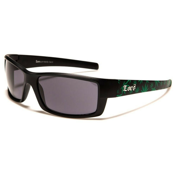 Locs Square Matte Black & Green Marijuana Weed Leaf Wrap Around Sunglasses
