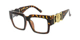 Square Flat Top Gold Coin Medallion Greek Key Sunglasses w/ Clear Lenses