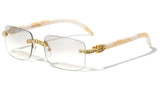 Dapper Slim Rimless Rhinestone Metal & Faux Wood Luxury Sunglasses