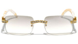 Dapper Slim Rimless Rhinestone Metal & Faux Wood Luxury Sunglasses