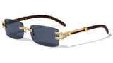Executive Slim Rimless Rectangular Rhinestone Metal & Faux Wood Luxury Sunglasses