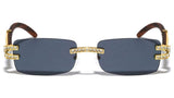 Executive Slim Rimless Rectangular Rhinestone Metal & Faux Wood Luxury Sunglasses
