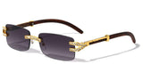 Executive Slim Rimless Rectangular Rhinestone Metal & Faux Wood Luxury Sunglasses