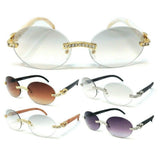 Slim Round Oval Rimless Rhinestone Metal & Faux Wood Luxury Sunglasses