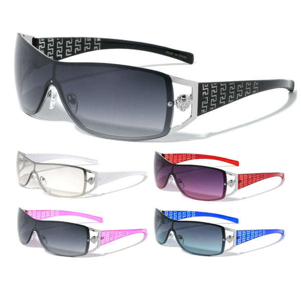 Kleo Greek Key Lion Head Medallion Wrap Around Shield Sunglasses