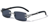 Executive Slim Rimless Rectangular Rhinestone Metal & Faux Wood Luxury Sunglasses